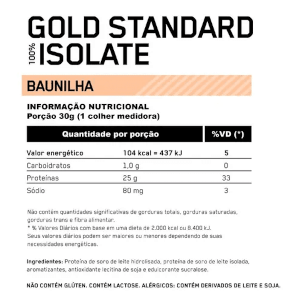 100% Whey Optimum Nutrition Gold Standard Isolate Baunilha 720g - 1.58 Lbs - Globalbev
