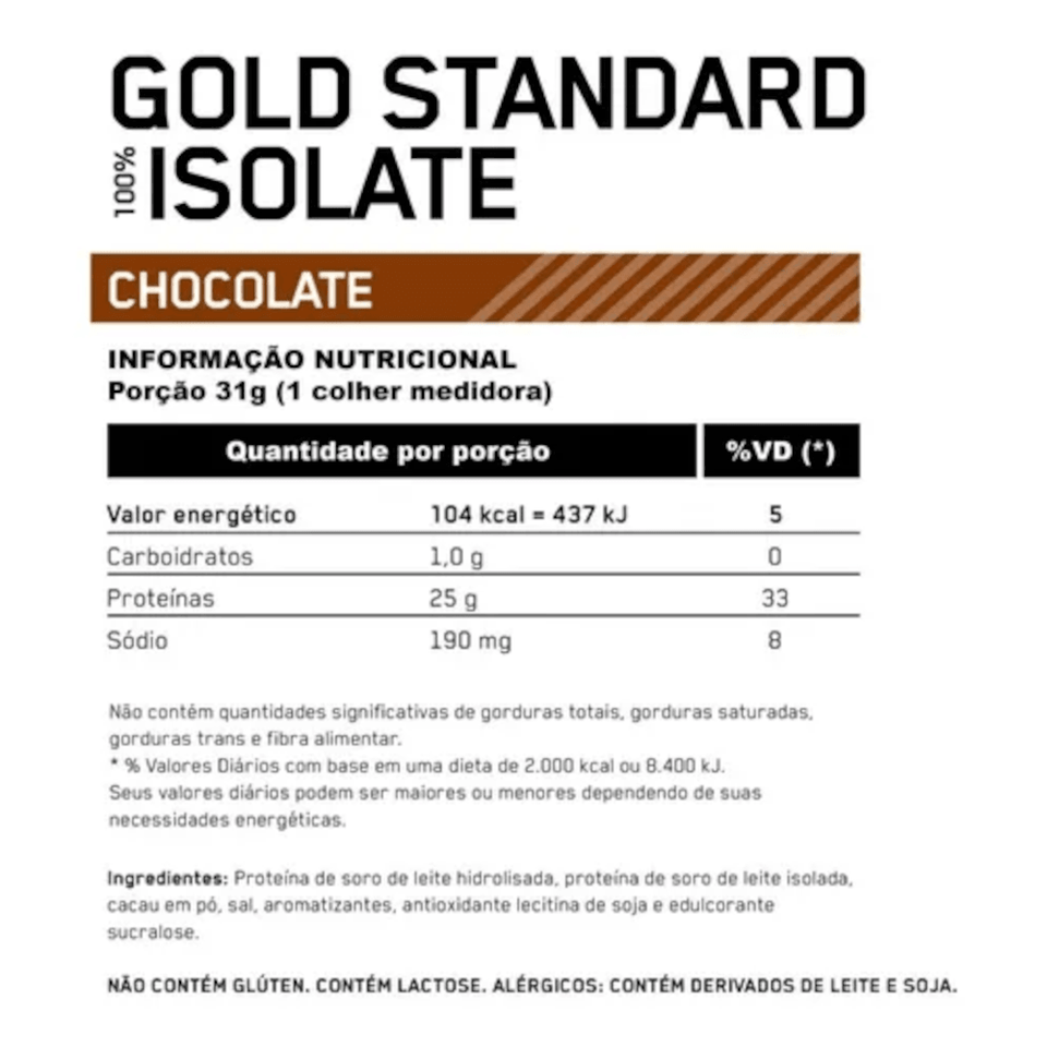 100% Whey Optimum Nutrition Gold Standard Isolate Chocolate 2,36kg - 5.2 Lbs - Globalbev