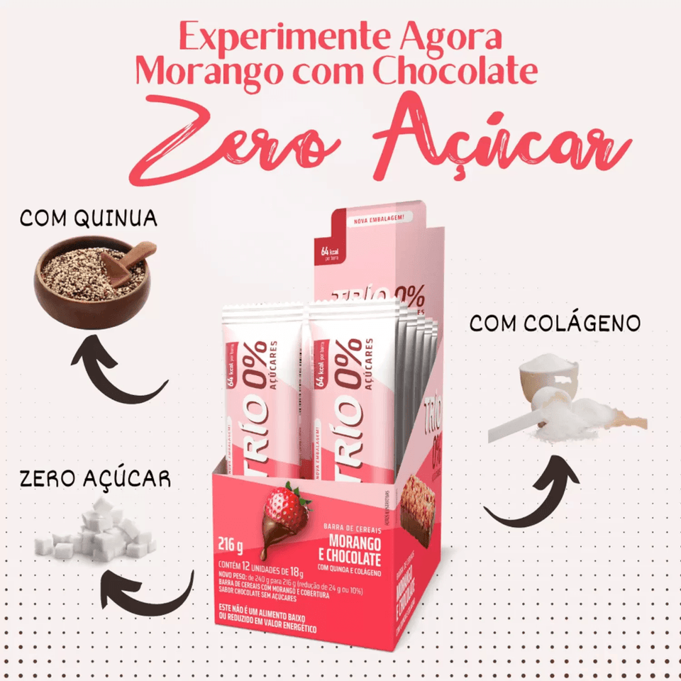 Barra de Cereal Trio Zero Morango c/ Chocolate 18g - Caixa c/ 3 uni. - Globalbev
